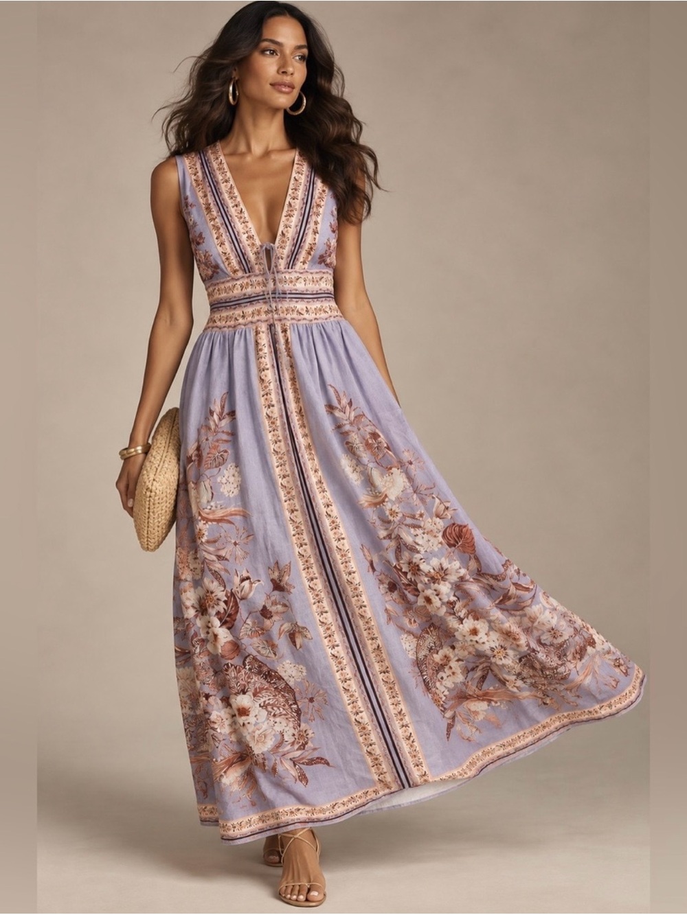Caroline Constas Lavender Floral V-Neck Maxi Dress